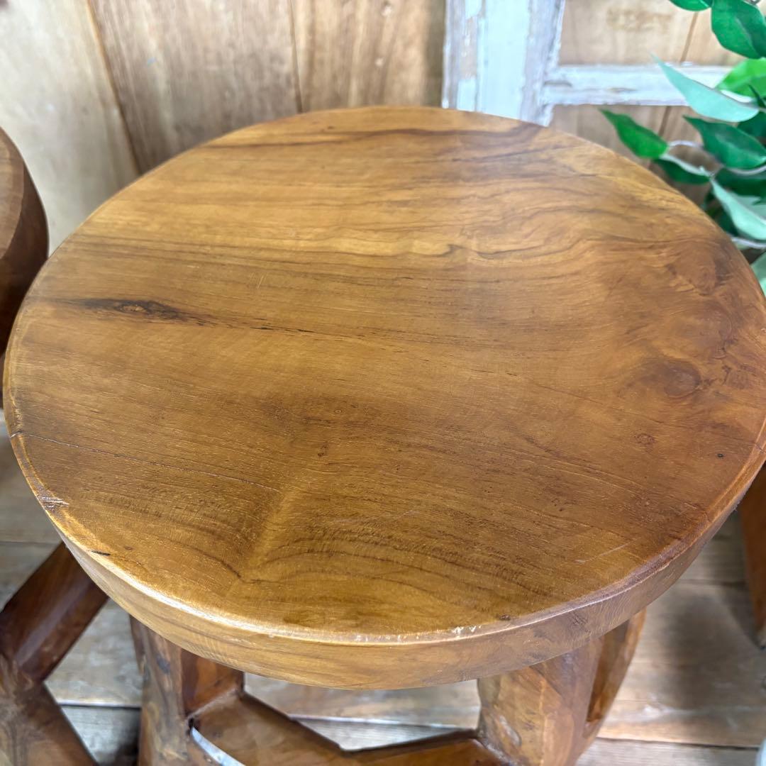 オールドチーク天然無垢極太丸木脚丸スツールM二脚セット木製天然無垢椅子花台チェア