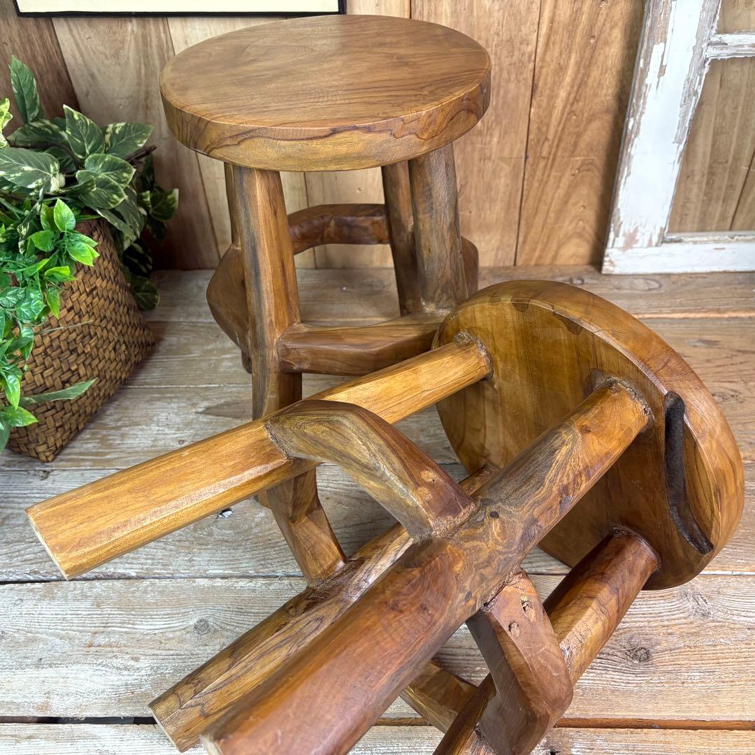 オールドチーク天然無垢極太丸木脚丸スツールM二脚セット木製天然無垢椅子花台チェア