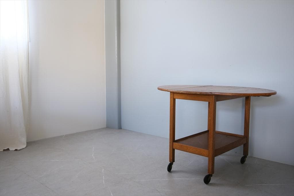 英国アンティーク木製ドロップリーフトロリーテーブル/収納式ワゴン机(91-242