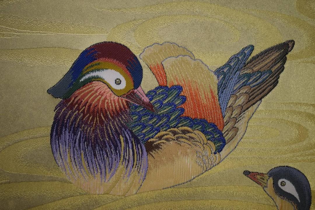 模写/文香/オシドリ図/織物/美品/桐共箱太巻箱/布袋屋掛軸HD-925