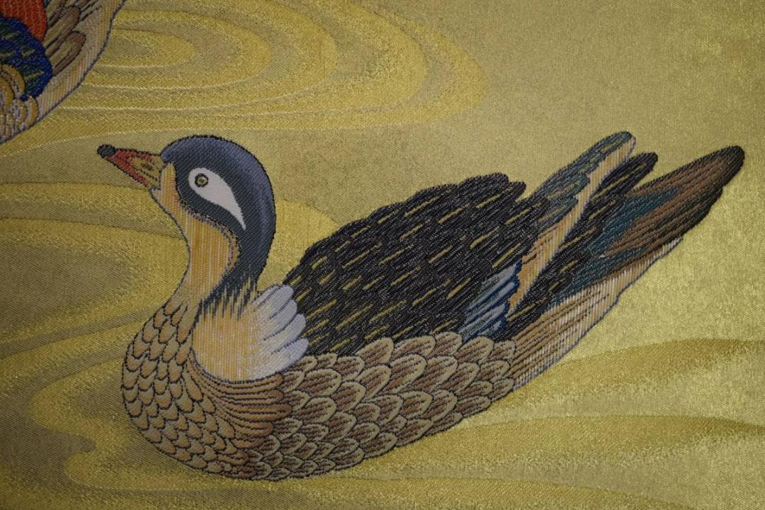 模写/文香/オシドリ図/織物/美品/桐共箱太巻箱/布袋屋掛軸HD-925