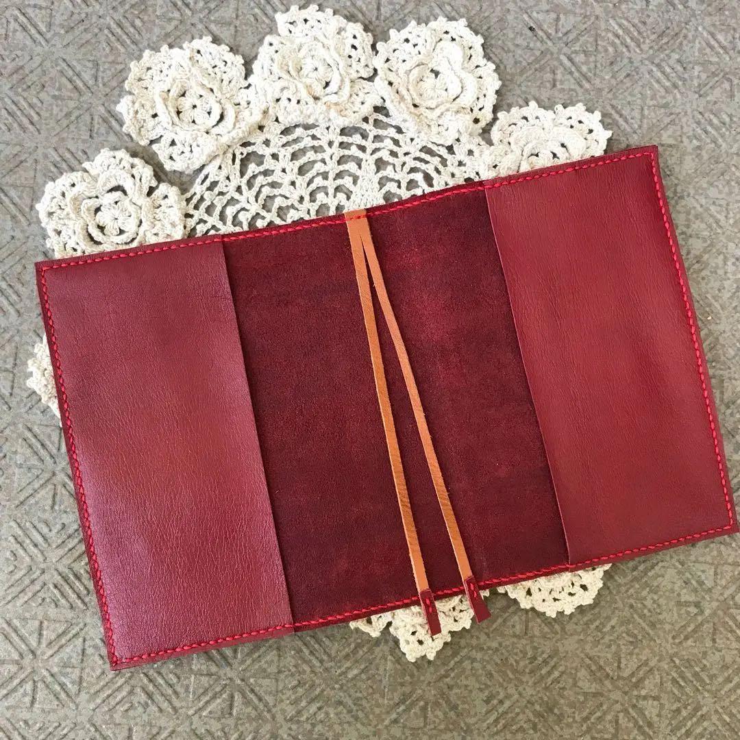 ご確認用 四六判 ブックカバー 牛革 ダークレッド キャメル 手帳カバー