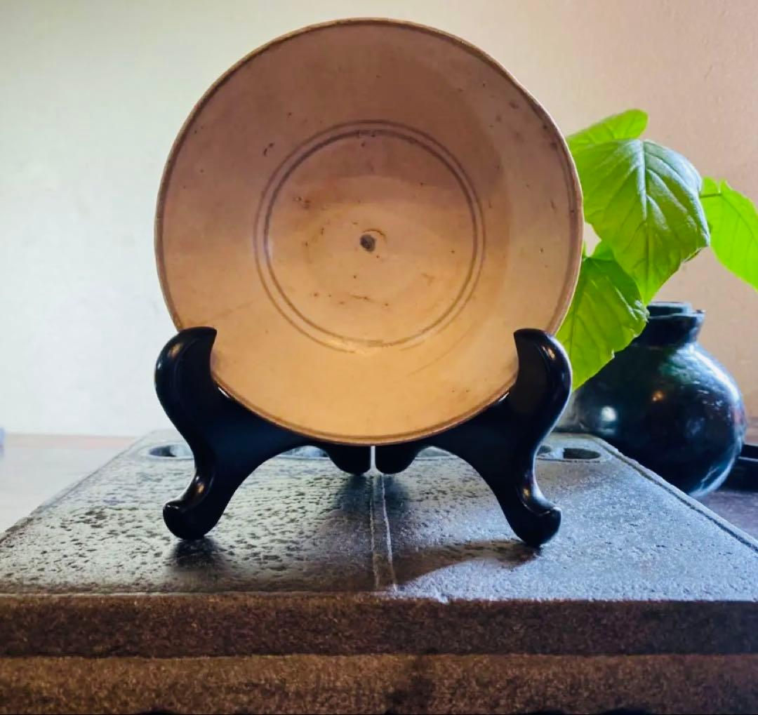 アンティーク・汕頭（スワトウ）染付草花文・小碗・唐木鑑賞スタンド付・２点セット