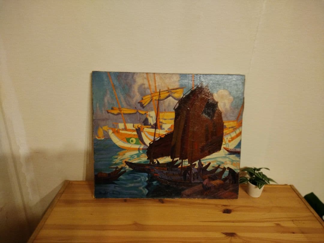 船舶の油彩画 青と黄色の風景