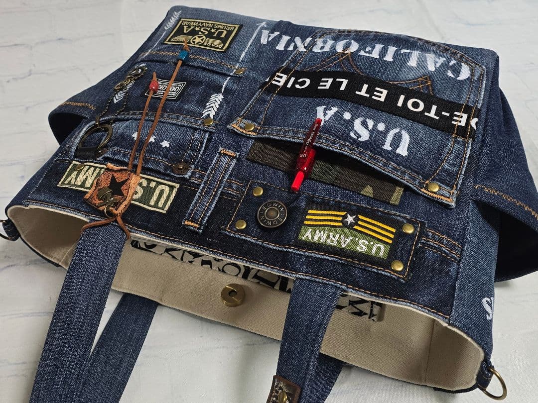 デニムリメイクトートバッグ 大きめ 男前 AMRY 底板付き