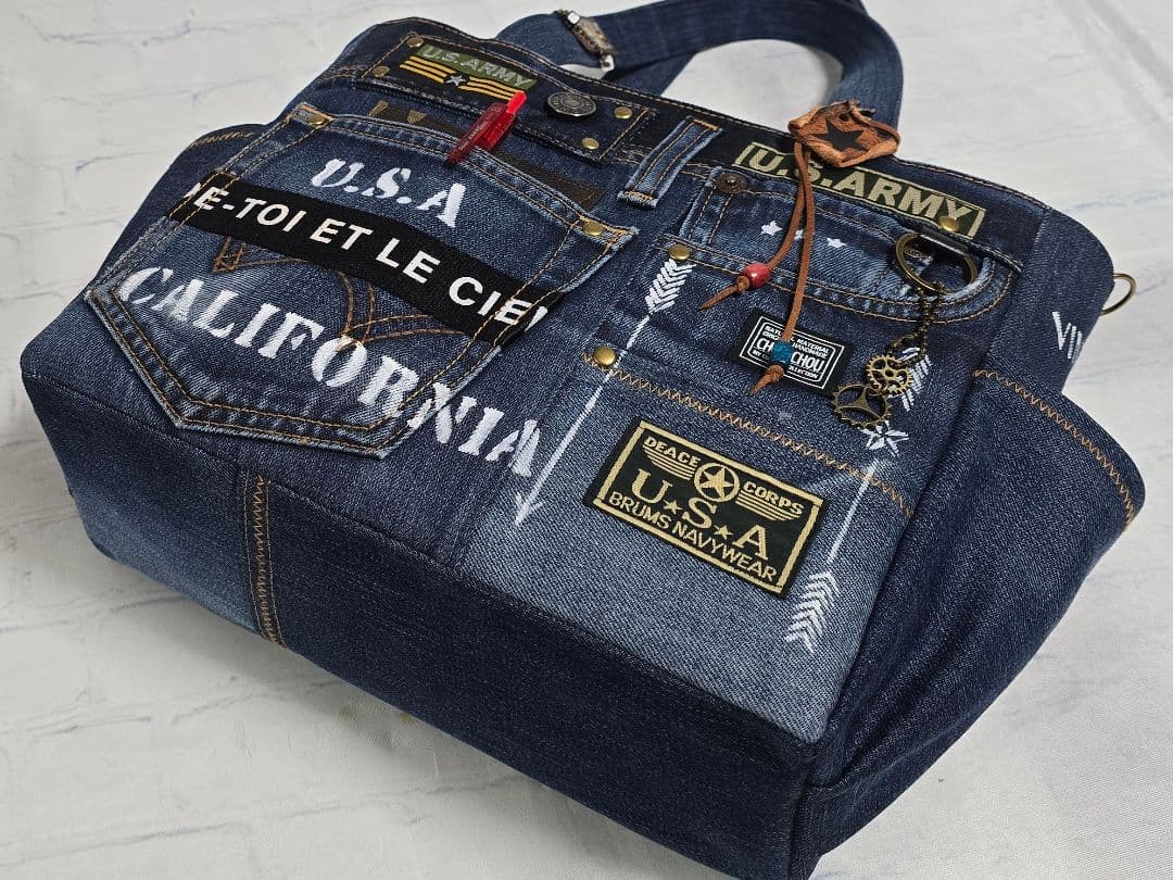 デニムリメイクトートバッグ 大きめ 男前 AMRY 底板付き