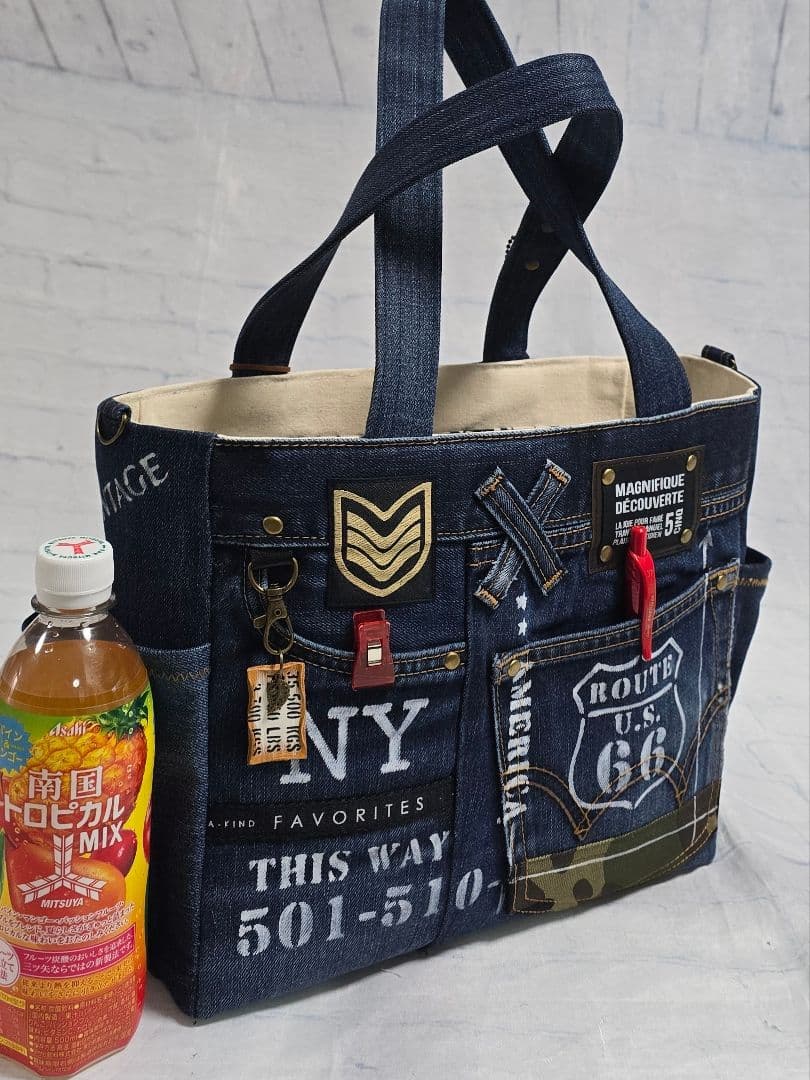 デニムリメイクトートバッグ 大きめ 男前 AMRY 底板付き