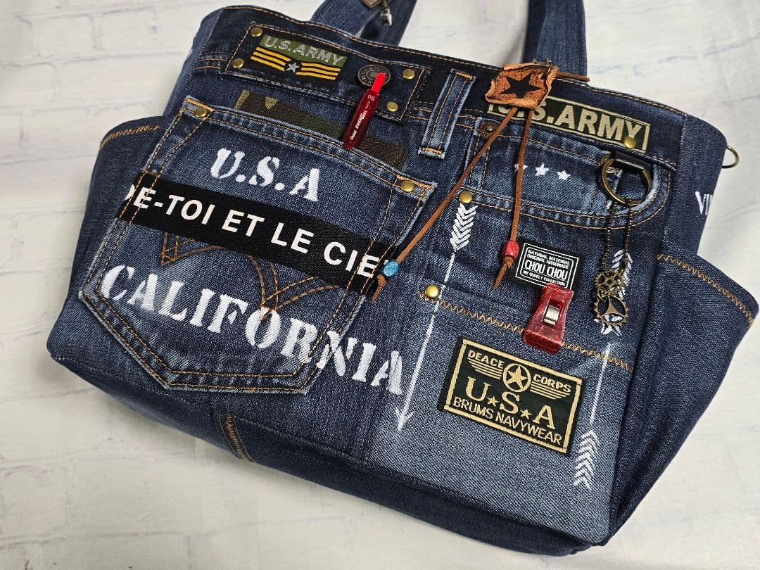 デニムリメイクトートバッグ 大きめ 男前 AMRY 底板付き