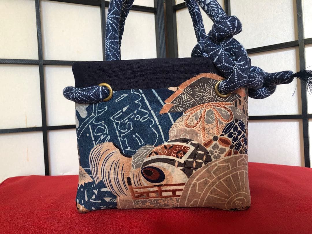 一閑張り　一閑張りバック　　　藍染 型染　古布　犬張子