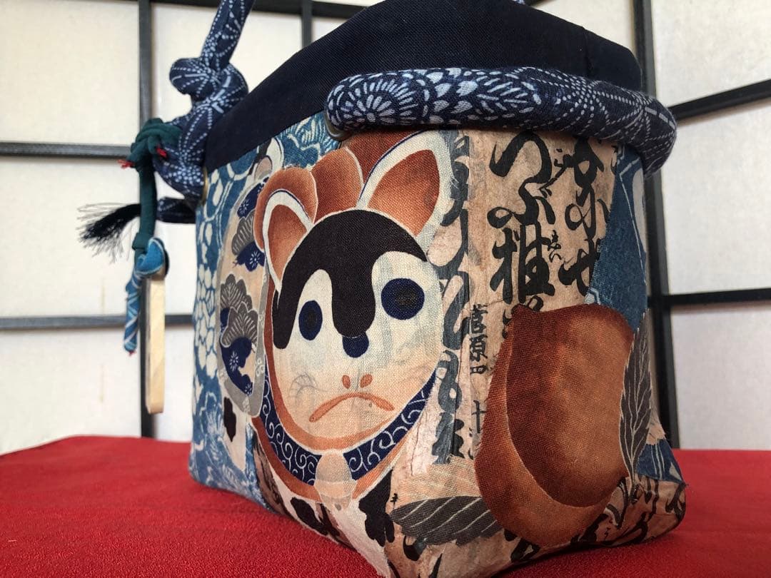 一閑張り　一閑張りバック　　　藍染 型染　古布　犬張子