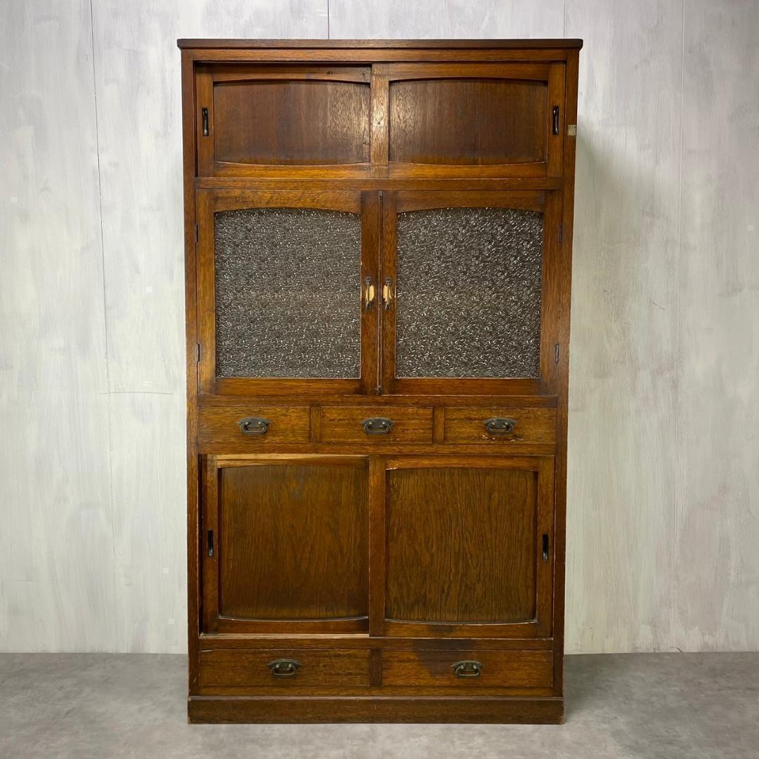 ヴィンテージ ダイヤガラス 食器棚 水屋箪笥 飾り棚 収納 和家具 昭和レトロ