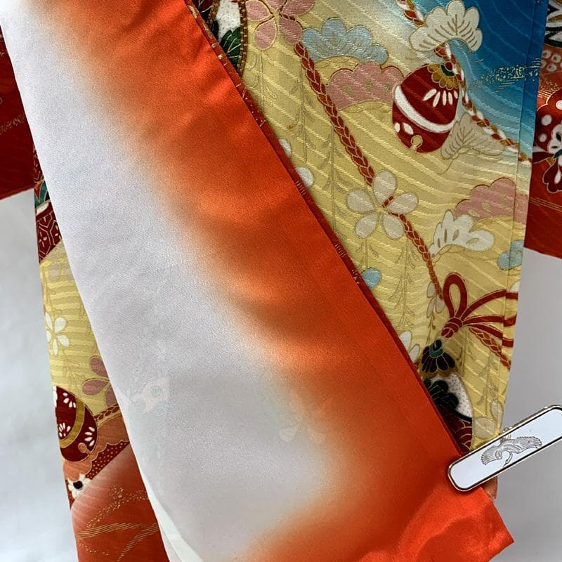 507ag60□七五三 七歳 女児 着物&袋帯 金彩 鈴 蝶□状態良好