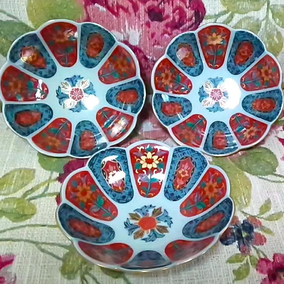 新品 林九郎窯 十方割花地紋小鉢 金彩輪花鉢 古伊万里 波佐見焼 3客