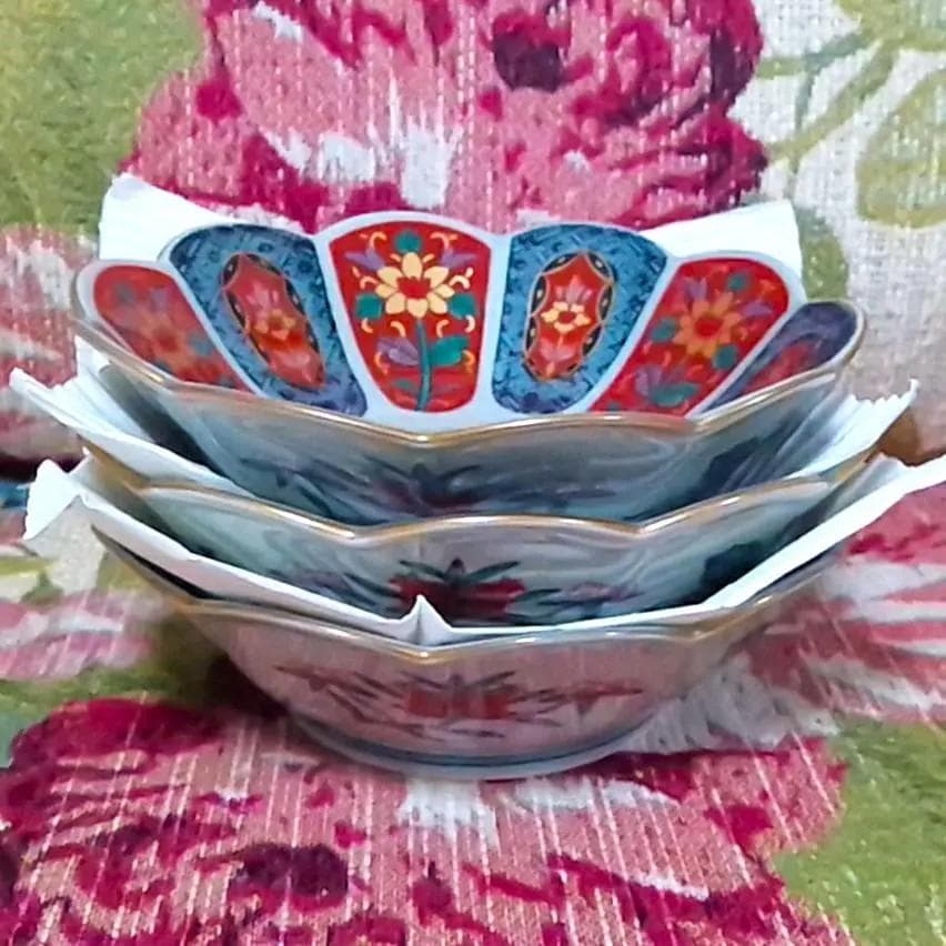 新品 林九郎窯 十方割花地紋小鉢 金彩輪花鉢 古伊万里 波佐見焼 3客