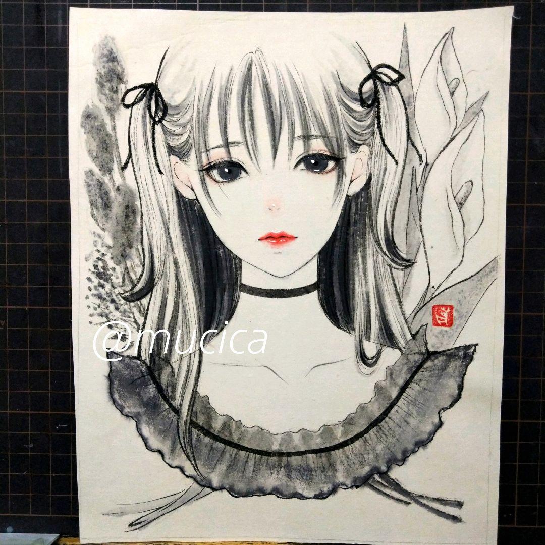 真作　肉筆原画　墨絵　ミクストメディア　春　絵画