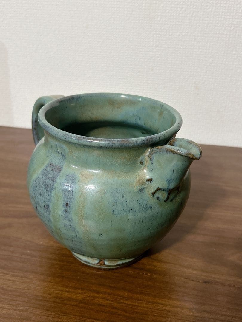 寺村光輔 益子焼 ピッチャー型花器 フラワーベース 民藝 糠青磁釉