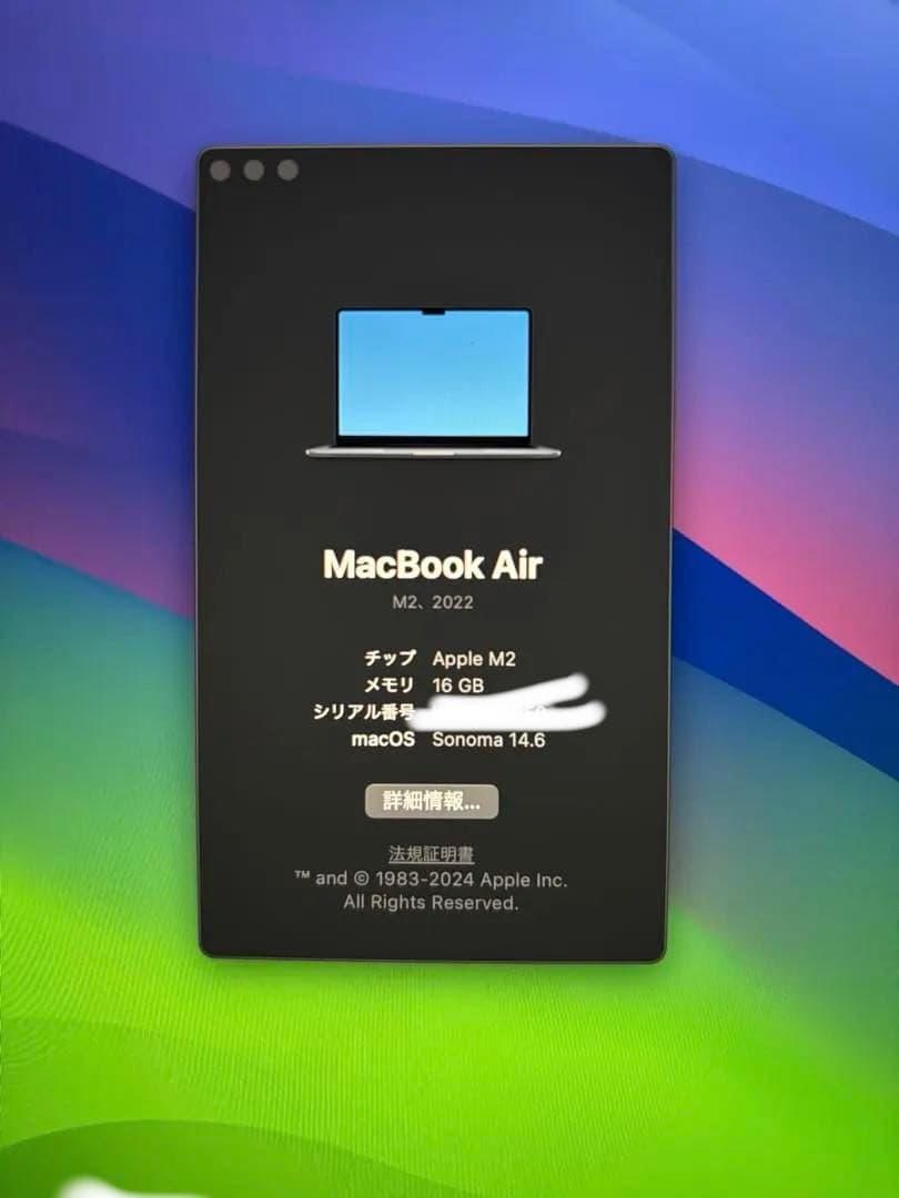 MacBook本体 MacBook Air M2 16GB 256GB 100%