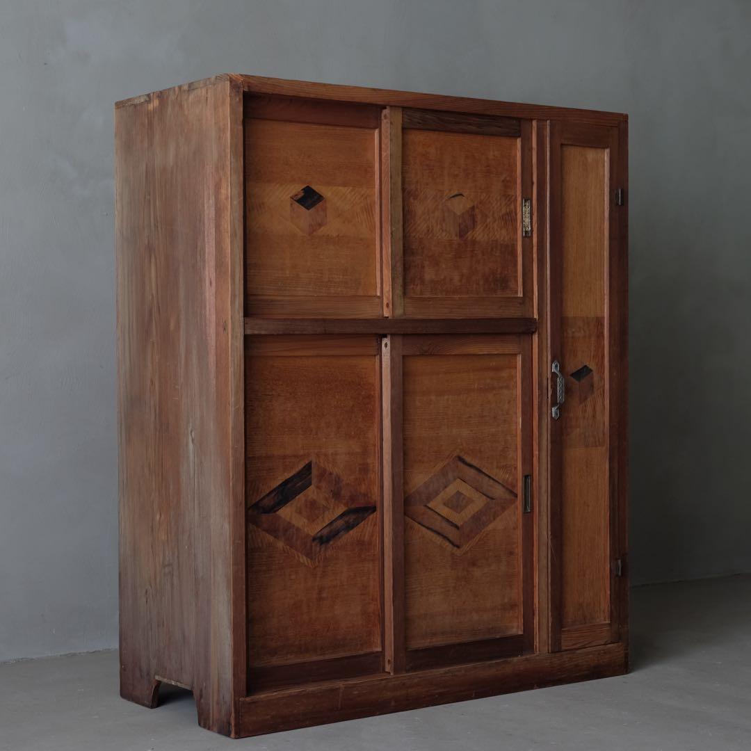 杉材 収納棚　板戸 食器棚 本箱 水屋箪笥 古家具 昭和レトロ