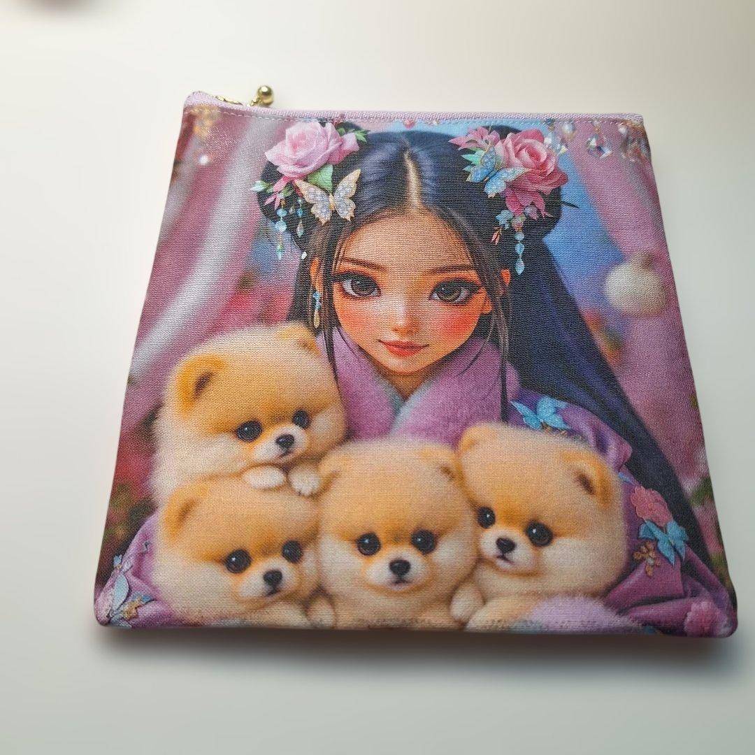 激レアポメラニアンパネル生地　ハンドメイド　両面パネルフラットポーチ