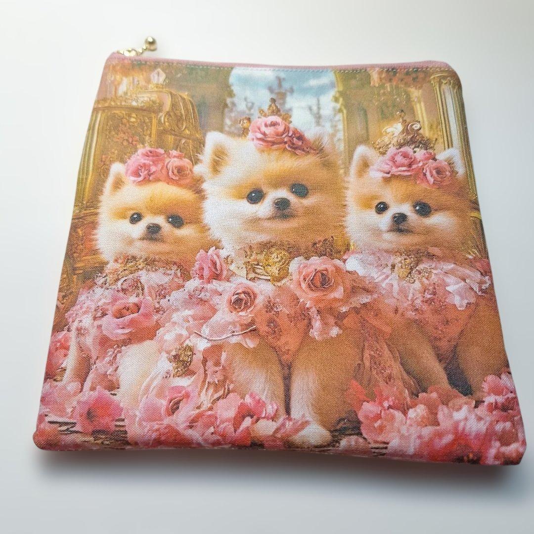 激レアポメラニアンパネル生地　ハンドメイド　両面パネルフラットポーチ