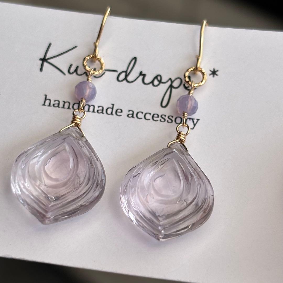 ピンクアメジスト雫型カービング✴︎14kgfピアスP327