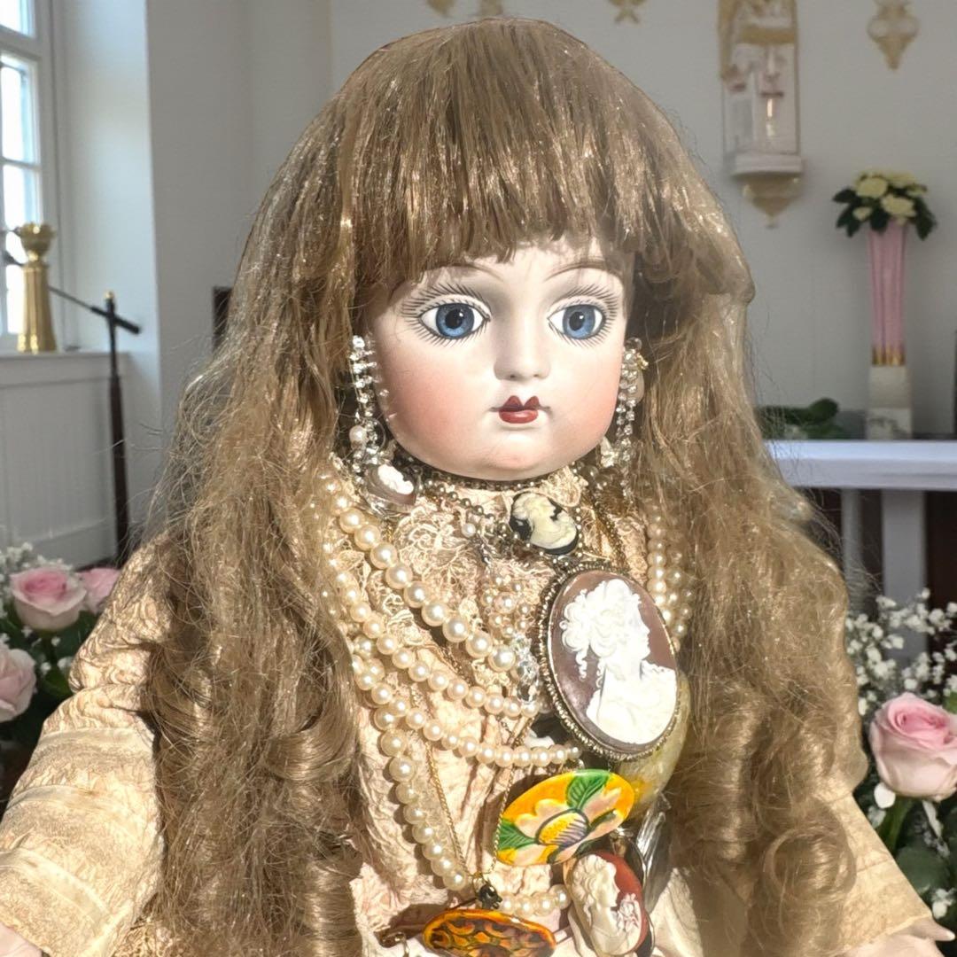 ビスクドール ゴーチェ オフ ホワイトドレス ボネ 麦わら帽子 カメオ パール