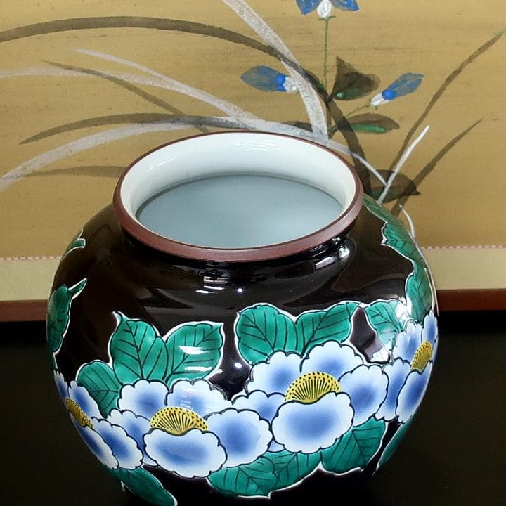 【伝統工芸九谷焼】花瓶　染付山茶花　山上義正作　ギフト対応可
