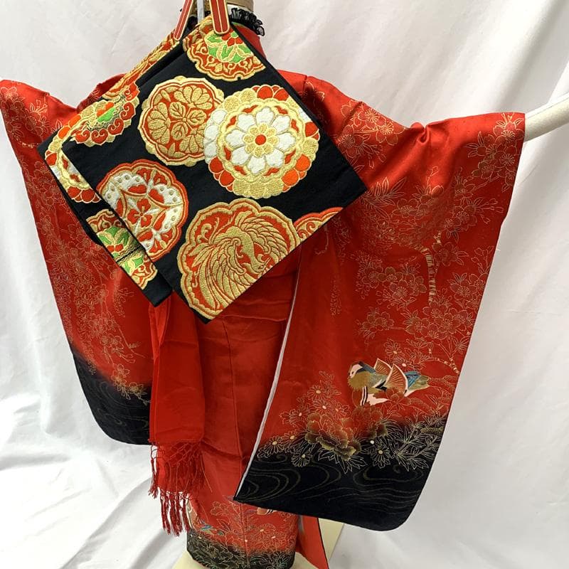 601ag47□七五三 七歳 女児 着物&袋帯 金彩 鴛鴦 花□状態良好