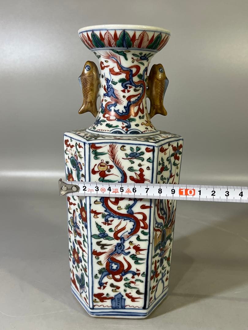 DT733 中国 赤絵 鯉双耳瓶