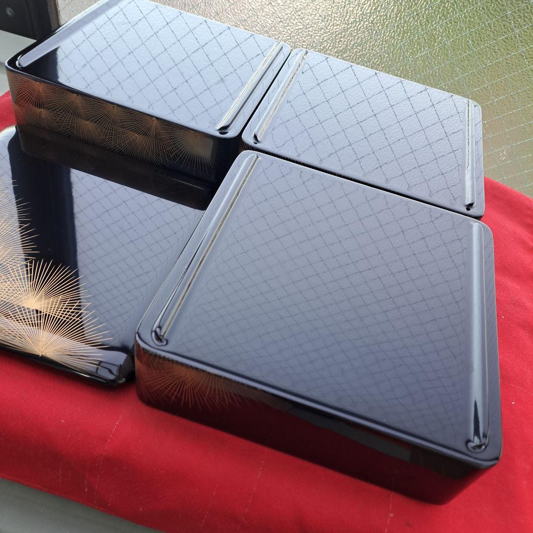 【会津漆器　6.5寸\"3段重箱】天然木製　寿松沈金　未使用/長期保管品