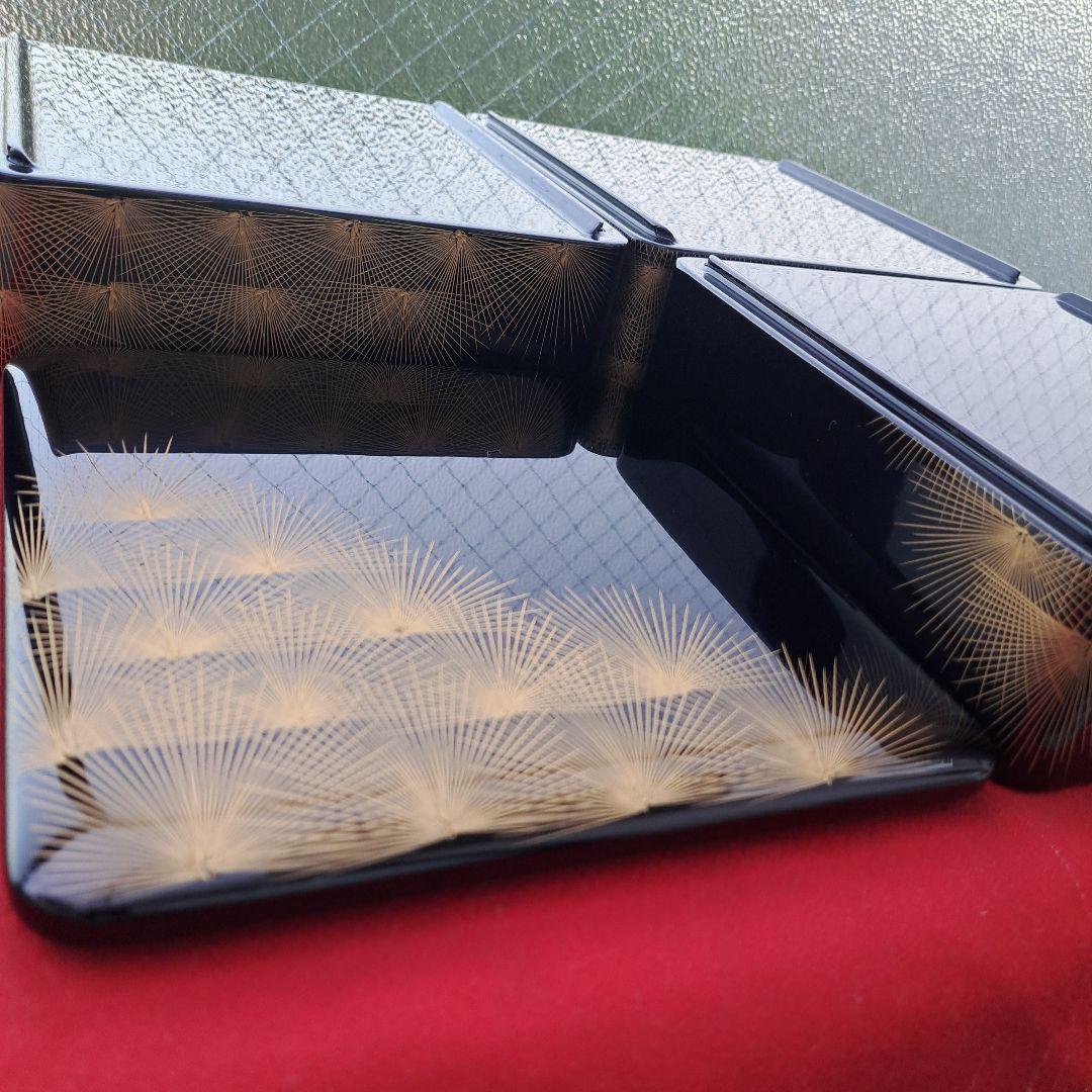 【会津漆器　6.5寸\"3段重箱】天然木製　寿松沈金　未使用/長期保管品