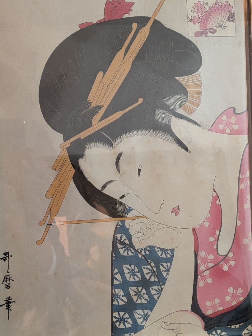浮世絵美人画高名美人六家撰扇屋花扇額装縦５０Ｘ横４０Ｘ厚さ３センチ額装詳細不明品