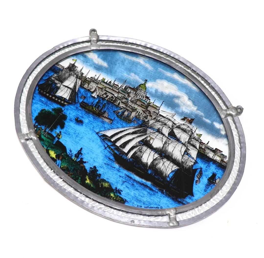 美しい風景 海 船 ボート 街並み ヴィンテージステンドグラス ダブルリム 絵画