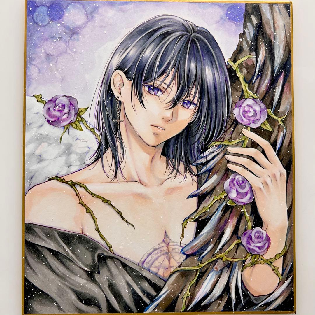 m*可様 手描きイラスト＊紫の刻印＊堕天使の男の子＊創作原画 色紙イラスト