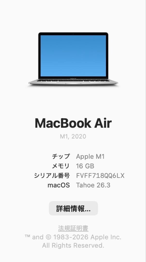 MacBook Air M1 16GB 1TB SSD バッテリー良好 充電器付