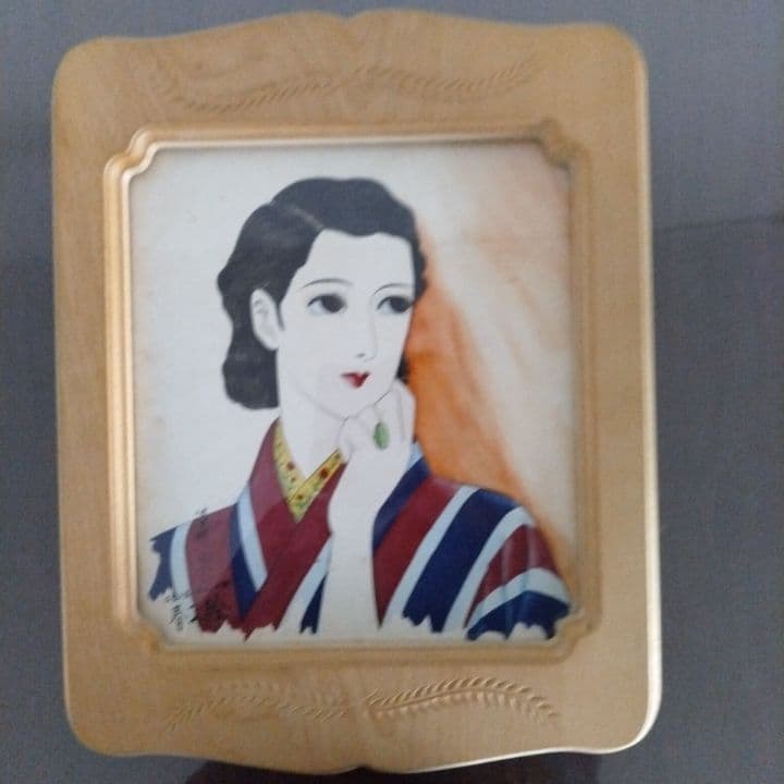 昭和レトロ 美人画 直筆 (指輪) 木製額縁