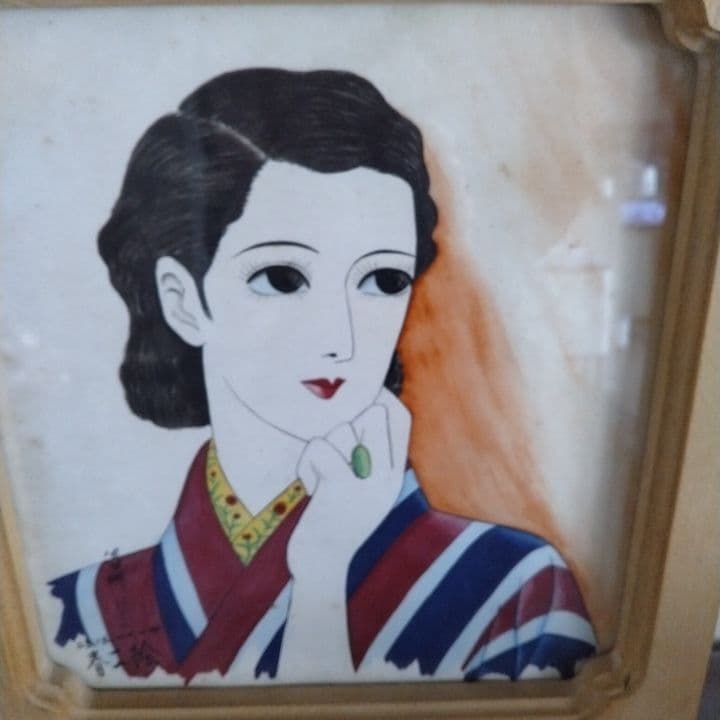 昭和レトロ 美人画 直筆 (指輪) 木製額縁
