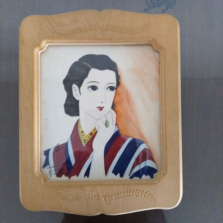 昭和レトロ 美人画 直筆 (指輪) 木製額縁