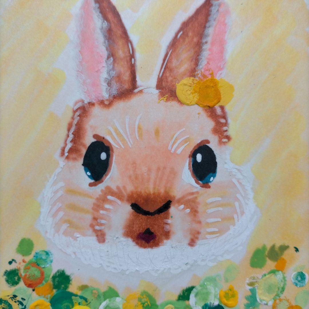 うさぎとお花の絵 ハガキサイズ 原画 水彩画 アクリル画 絵画 風景画 N20