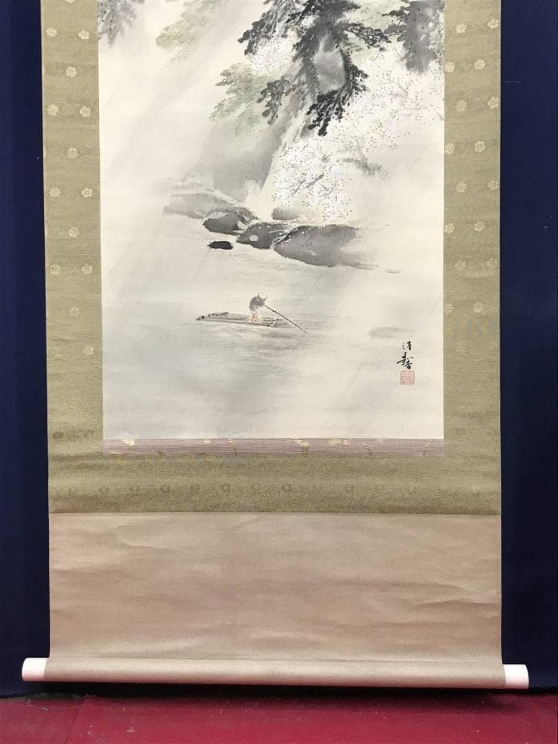 【真作】吉谷清馨/嵐峡春雨図/山水図/嵐山春景図/掛軸/名家伝来/AC-605