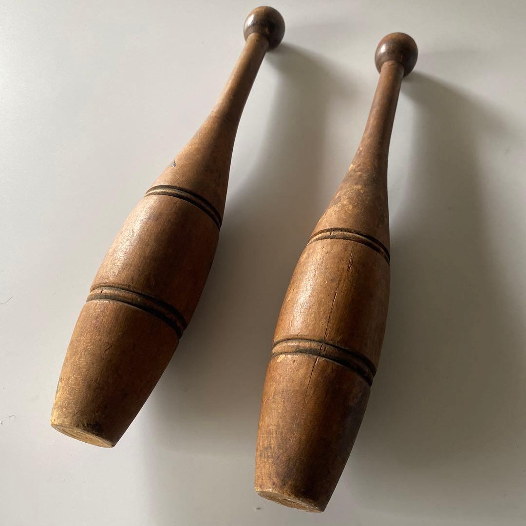 ヴィンテージ インディアンクラブ 木製オブジェ インドクラブ 体操 2本セット