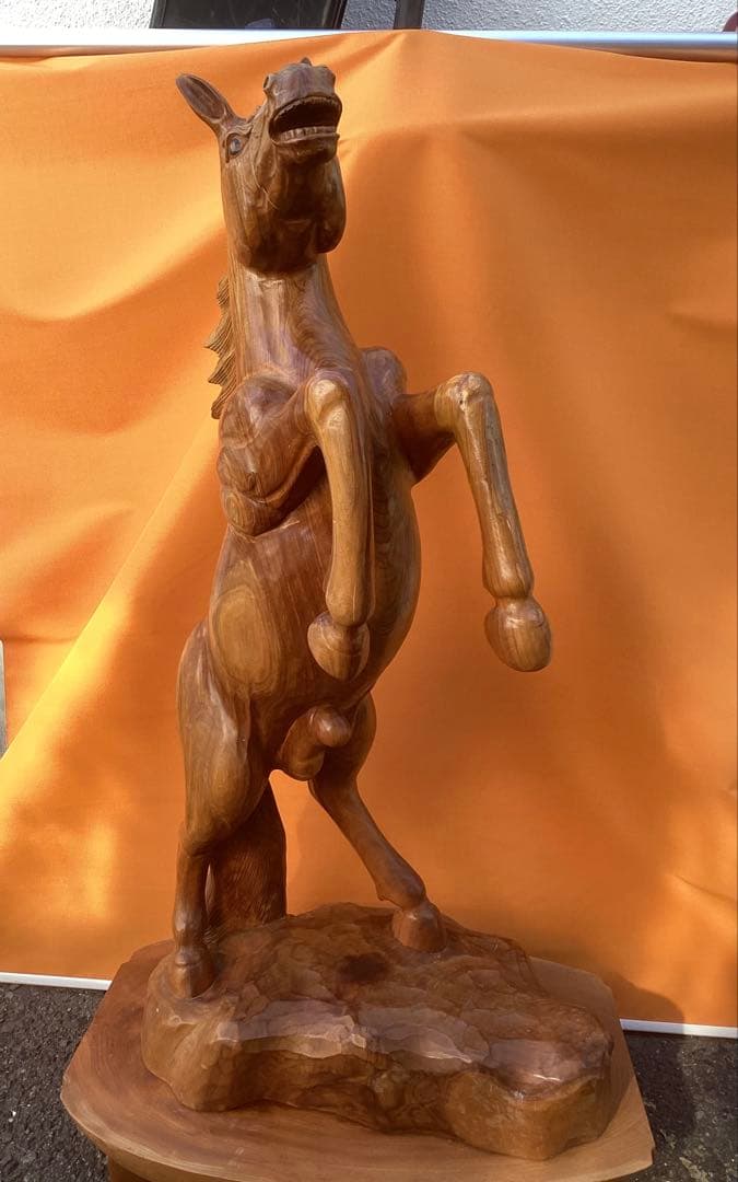 木彫 大作 いななく馬 一刀彫 ( 台座込み140㎝ 50kg )