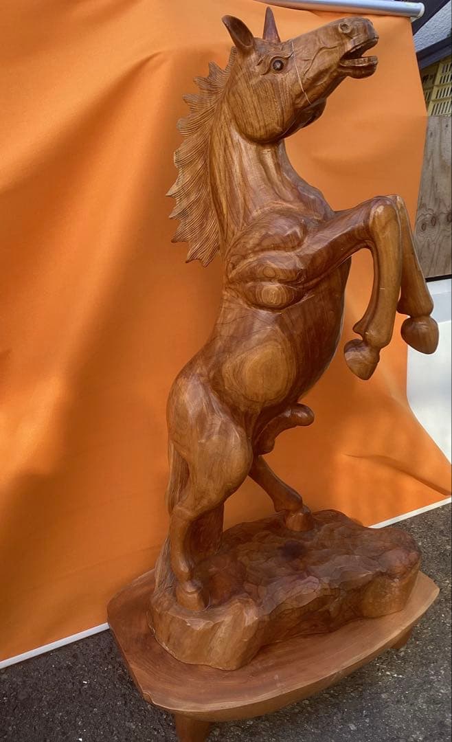 木彫 大作 いななく馬 一刀彫 ( 台座込み140㎝ 50kg )