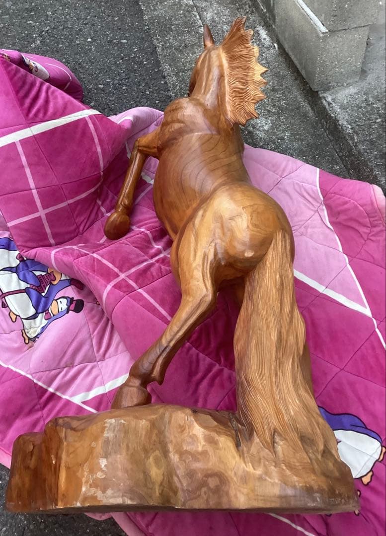木彫 大作 いななく馬 一刀彫 ( 台座込み140㎝ 50kg )