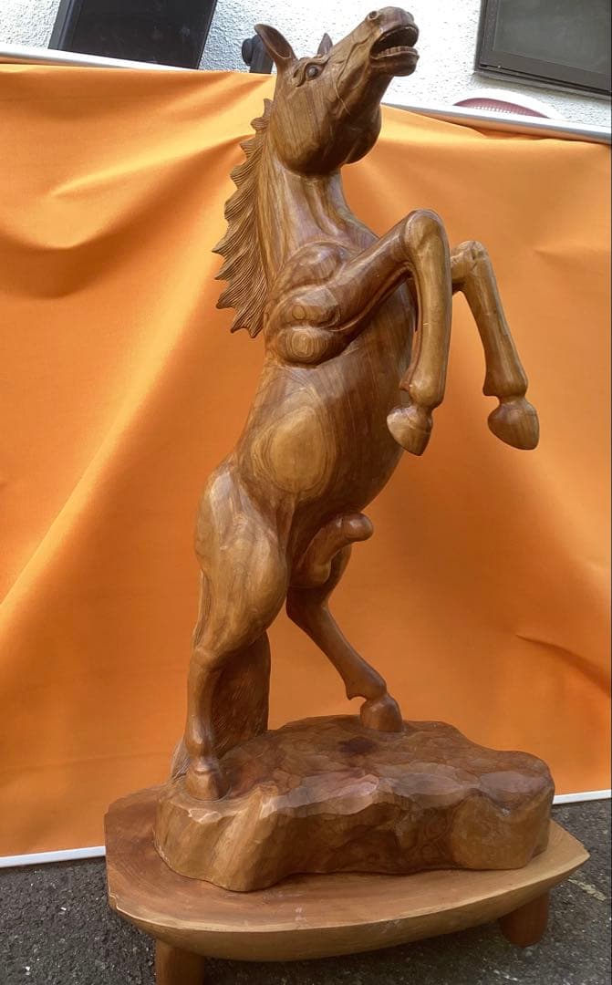 木彫 大作 いななく馬 一刀彫 ( 台座込み140㎝ 50kg )