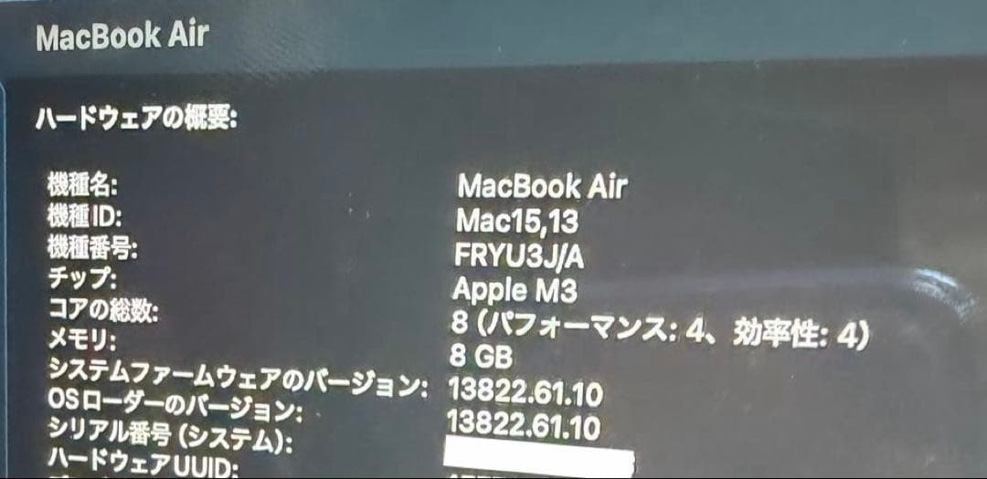 【美品】MacBook Air M3 15インチ 2024 バッテリー100%