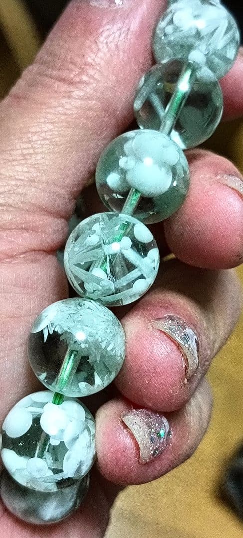 超超超希少石‼️グリーンラリマー約14mm内径約17センチ 雪花オブシディアン