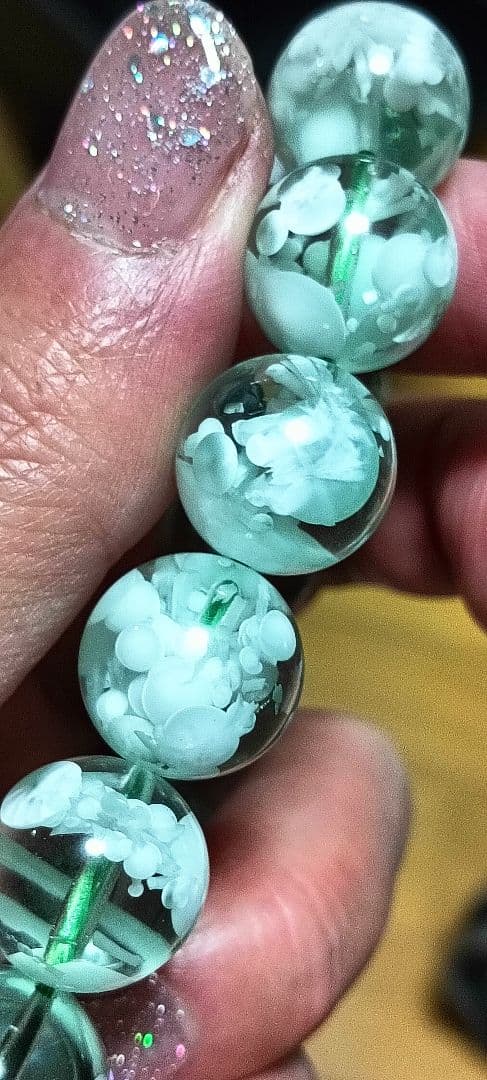 超超超希少石‼️グリーンラリマー約14mm内径約17センチ 雪花オブシディアン