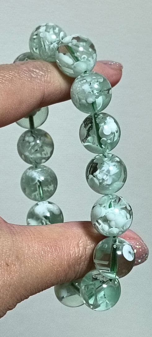 超超超希少石‼️グリーンラリマー約14mm内径約17センチ 雪花オブシディアン