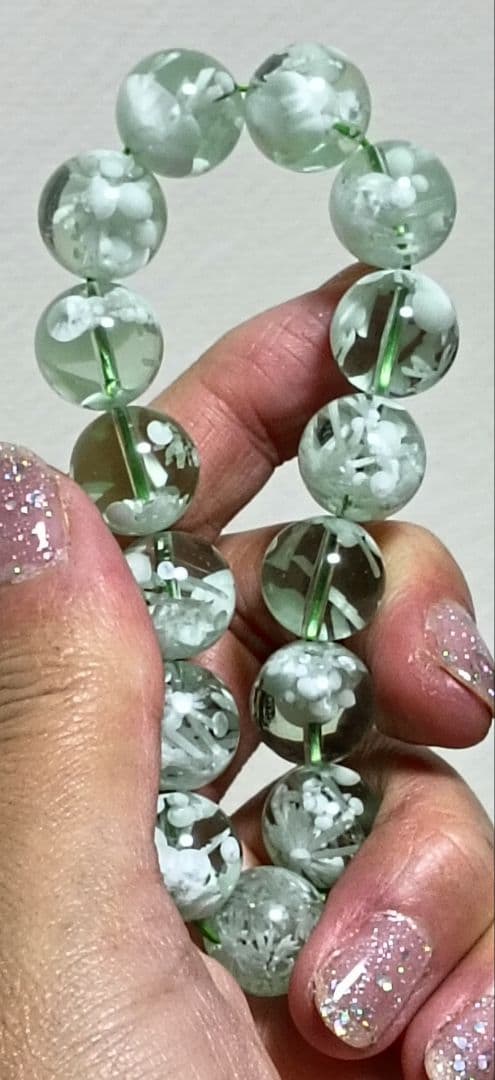 超超超希少石‼️グリーンラリマー約14mm内径約17センチ 雪花オブシディアン